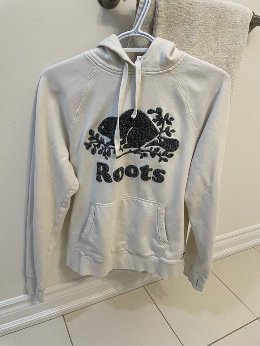 Roots Cream Hoodie with Dark Green Patch Logo